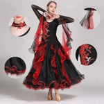 Women’s Black and Red Long Sleeves Ballroom Dance Dress with Exquisite Decals - DancerInn - 26239218385079 - 26239218385079