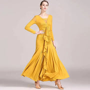 Women Lace Swallow-tailed Stitching Long Sleeves Standard Ballroom Dress Tango Costume Flamenco Dance Dresses Ball Gown - DancerInn