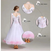 Women Flower Embroidery Finger Holder White Ballroom Dance Competition Dress Waltz Evening Party Dress Ball Gown - DancerInn