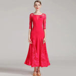 Women See-Through Hollow Lace Stitching Short Sleeves Red Tango Standard Ballroom Dress Waltz Rumba Dance Wear - DancerInn - 26333519380663 - 26333519380663