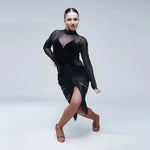 Women Tassel Velvet Stitching Hook Finger Sleeves Sexy Design Black Latin Dance Jumpsuits Ball Gown Pole Dance Clothing Salsa Costumes For Jazz - DancerInn - 26266207191223 - 26266207191223