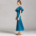 Women’s Ultra-fine Milk Silk Ruffled Neckline Inclined Shoulder Long Ballroom Dress - DancerInn - 26339843670199 - 26339843670199