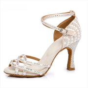 Shoes for Dancing Women - Rhinestone Suede Sole Mid High Heel Shoes Latina for Ballroom Jazz Bachata