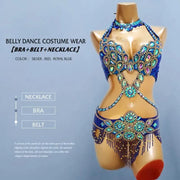 Bellydance Clothes for Women - Sexy Beaded Crystal 3 Piece Dance Costume Set with Bra, Belt, and Necklace - DancerInn