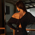 Latin Ballroom Dresses - Black Dress for Dance with One Shoulder Bell Sleeves for Samba Tango Rumba - DancerInn Latin Dance Dresses  - 34479043805367 - 34479043805367