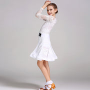 Latin Ballroom Dance Dresses for Girls with Lace Long Sleeves, Simple Neckline, and Invisible Zipper - DancerInn