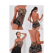 Women's Leopard Print Latin Dance Bodysuit with High Elastic Nylon Mesh, Adjustable Straps, and Open Back - DancerInn