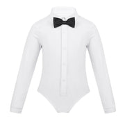 Dance Bodysuits for Boys with Long Sleeves Bow Tie and Turn-Down Collar Perfect Dance Romper - DancerInn White / 12