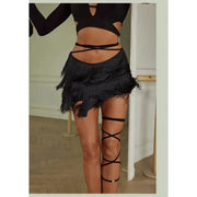 Latin Dance Practice Skirt for Women with Lace-Up Waist, Double Layer Fringe, and Built-In Shorts - DancerInn