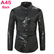 70s Disco Shirt Mens Performance Shirt – Shiny Sequin Long Sleeve Latin Ballroom Top for Party, Dance, Nightclub & Stage - DancerInn A45-Black-XXL
