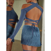 Latin Dance Practice Skirt for Women with Lace-Up Waist, Double Layer Fringe, and Built-In Shorts - DancerInn