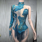 Rhinestone fringe bodysuit sheer mesh sequin leotard for stage performance - 38416940826807 - 38416940826807