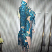 Sheer mesh sequin dance costume for women rhinestone fringe bodysuit