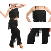 Girls Two Piece Multi-color Tassel Fringe Samba Salsa Ballroom Latin Dance Pants and Tops Dance Costume Set - DancerInn