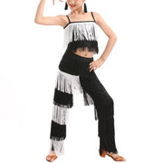 Girls Two Piece Multi-color Tassel Fringe Samba Salsa Ballroom Latin Dance Pants and Tops Dance Costume Set - DancerInn
