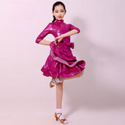 Ballroom and Latin Dance Dresses for Girls - High Neck, Mid-Sleeves, Back Zipper and Flowing Skirt - DancerInn 