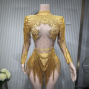 Sequin rhinestone fringe sheer mesh leotard nightclub performance costume
