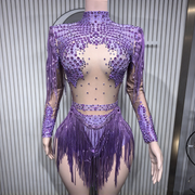 Women showgirl sheer mesh bodysuit with rhinestone and fringe details for stage