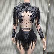 Sequin embellished sheer mesh fringe bodysuit rhinestone stage dance wear