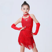 Girls Fringe Dress – Latin Tassel Tango Dance Dresses for Kids, Ideal for Salsa Performance & Ballroom Competition - DancerInn Red / XL