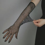 Rhinestone Gloves with Laces - Flash Party Performance Mesh Gloves in White, Red, Black, Pink, Fishnet & Goth Style - DancerInn 