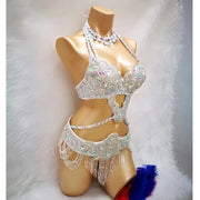 Bellydance Clothes for Women - Sexy Beaded Crystal 3 Piece Dance Costume Set with Bra, Belt, and Necklace - DancerInn