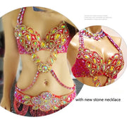 Bellydance Clothes for Women - Sexy Beaded Crystal 3 Piece Dance Costume Set with Bra, Belt, and Necklace - DancerInn