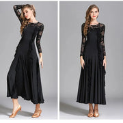 Women Hidden Zipper Flower Pattern Long Sleeves Ballroom Standard Waltz Dress Tango Costume Lace Dressing Gown - DancerInn