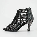 Chaussures latines pour femmes-Chaussures de salsa à talons hauts, bout ouvert et découpes en strass - noir / 5. 5