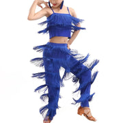 Girls Two Piece Multi-color Tassel Fringe Samba Salsa Ballroom Latin Dance Pants and Tops Dance Costume Set - DancerInn