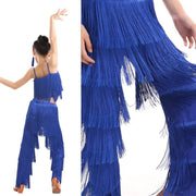 Girls Two Piece Multi-color Tassel Fringe Samba Salsa Ballroom Latin Dance Pants and Tops Dance Costume Set - DancerInn