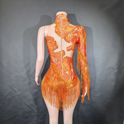 Women sequin fringe leotard sheer mesh rhinestone stage dance costume