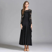 Women Hidden Zipper Flower Pattern Long Sleeves Ballroom Standard Waltz Dress Tango Costume Lace Dressing Gown - DancerInn