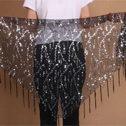 Belt for Belly Dance - Beaded  Belly Dancer Hip Scarf with Coins, Fringe, and Triangle Design - DancerInn Black-silver-One-size