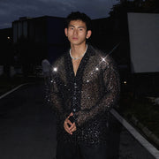 Mens Black Sequin Shirt - Iridescent Black Glitter Shirt for Men Loose Fit Long Sleeve Top Casual Streetwear for Party & Nightclub -  