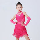 Vestido con flecos para niñas: vestidos de tango con borlas latinas para niñas, ideales para presentaciones de salsa y competencias de baile de salón. - Rosa roja / XL