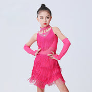 Girls Fringe Dress – Latin Tassel Tango Dance Dresses for Kids, Ideal for Salsa Performance & Ballroom Competition - DancerInn Rose Red / XL