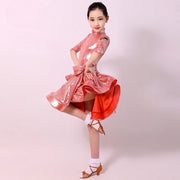 Ballroom and Latin Dance Dresses for Girls - High Neck, Mid-Sleeves, Back Zipper and Flowing Skirt - DancerInn 