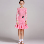 Latin Ballroom Dance Dresses for Girls with Lace Long Sleeves, Simple Neckline, and Invisible Zipper - DancerInn