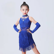Girls Fringe Dress – Latin Tassel Tango Dance Dresses for Kids, Ideal for Salsa Performance & Ballroom Competition - DancerInn Blue / XL
