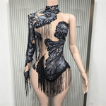 Sequin fringe bodysuit sheer mesh rhinestone dance costume back view - 38416942203063 - 38416942203063