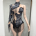 Preto / M - Body feminino com franjas de strass, collant transparente de tule com lantejoulas para apresentações de palco e dança.