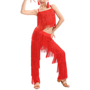 Girls Two Piece Multi-color Tassel Fringe Samba Salsa Ballroom Latin Dance Pants and Tops Dance Costume Set - DancerInn