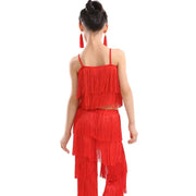 Girls Two Piece Multi-color Tassel Fringe Samba Salsa Ballroom Latin Dance Pants and Tops Dance Costume Set - DancerInn