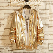 Metallic Bomber Jacket - Shiny Hip Hop Leather Jackets for Men Lightweight Silver Rave Disco Party Costume - DancerInn Glod-XXL 32.94