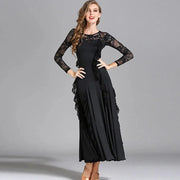 Women Hidden Zipper Flower Pattern Long Sleeves Ballroom Standard Waltz Dress Tango Costume Lace Dressing Gown - DancerInn