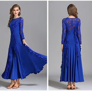 Women Hidden Zipper Flower Pattern Long Sleeves Ballroom Standard Waltz Dress Tango Costume Lace Dressing Gown - DancerInn