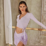 Dance Tops For Ladies - Long Sleeve Dance Top with Wrap V-neck Lace-up Design for Latin Salsa Rumba Samba - DancerInn Purple / L - 33963145756855 - 33963145756855