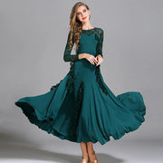 Women Hidden Zipper Flower Pattern Long Sleeves Ballroom Standard Waltz Dress Tango Costume Lace Dressing Gown - DancerInn