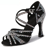 Rhinestone Latin Dance Shoes Women - Satin Lace-Up Soft Sole with Mid & High Heels - DancerInn 